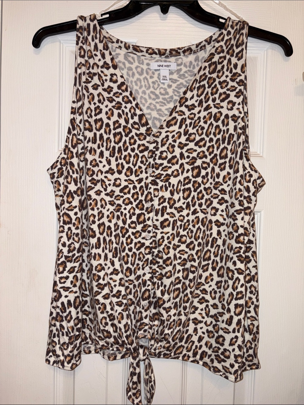 XXL Nine West Leopard Tie-Front Sleeveless Tank Top - Brown/White